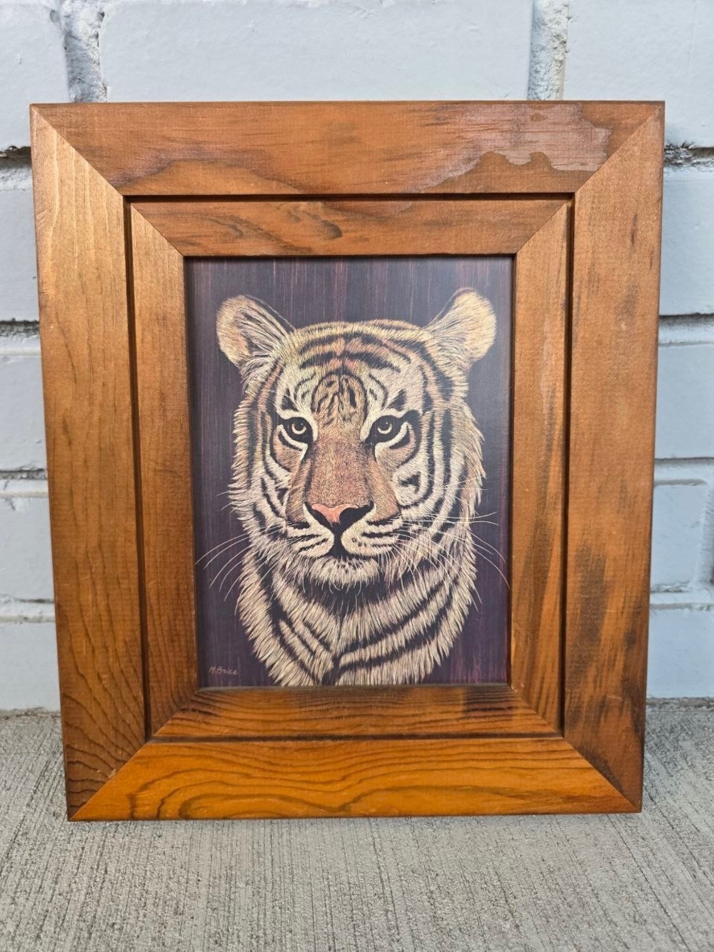 Vintage Marjorie Brice Tiger Framed Signed Wildlife Print Rustic Wood 12.5x10.5